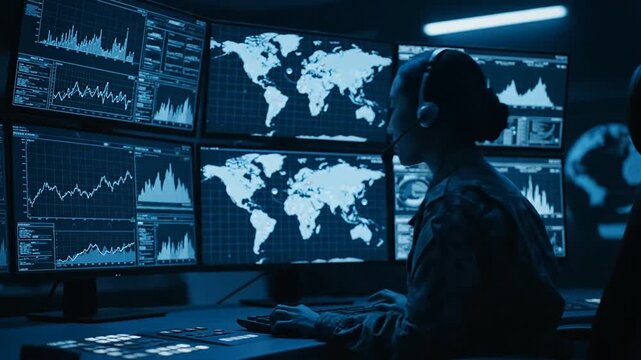 Woman in command center monitoring global data visualizations