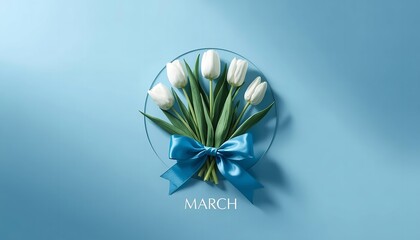 Fototapeta premium Elegant white tulip bouquet with blue ribbon and March text on pastel background for spring floral celebration design