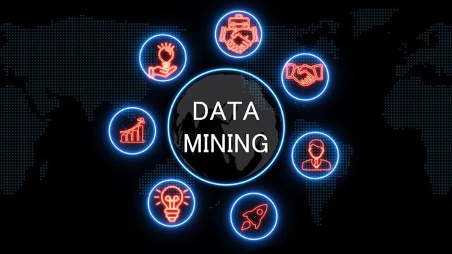 shows glowing neon line banner of data mining concept with icons of business, responsibility, customers, integrity, goals, teamwork, commitment and innovation .4k