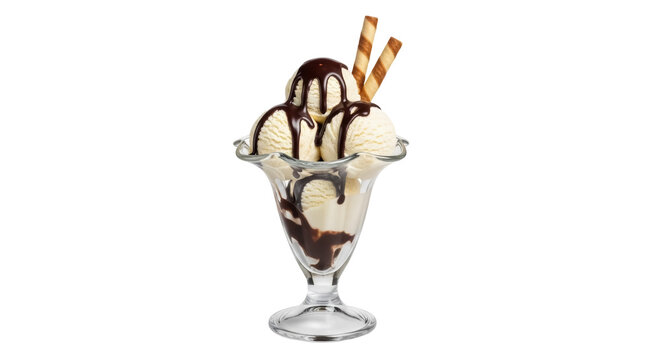 Vanilla ice cream sundae with chocolate sauce and wafer sticks isolated PNG, sweet dessert treat on transparent background
