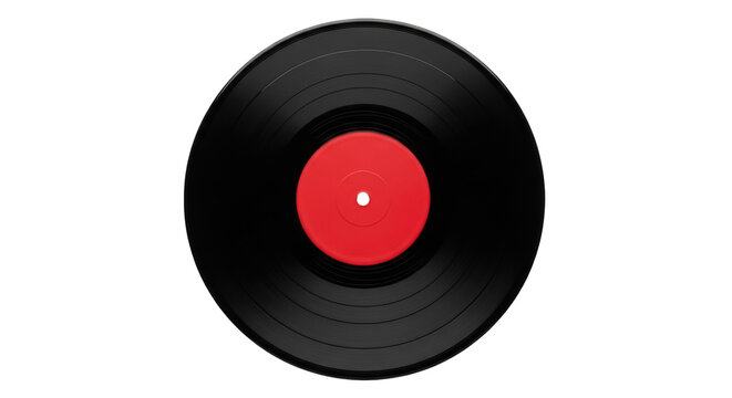 Black vinyl record PNG isolated, music disc with red label for DJ, audio, and entertainment projects on transparent background