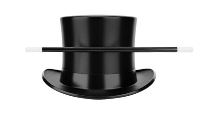 Black magician top hat and wand isolated PNG, classic stage magic prop for performance and entertainment on transparent background © Maria