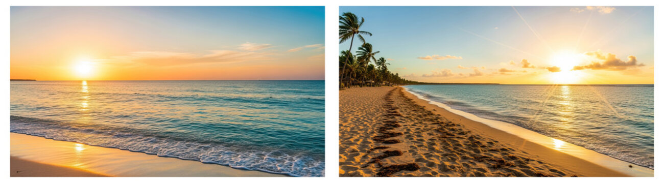 Tropical beach sunsets with palm trees and calm waves social media thumbnail poster banner download 2026 2027