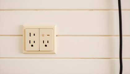 Electrical outlet installed on white shiplap wall with cord