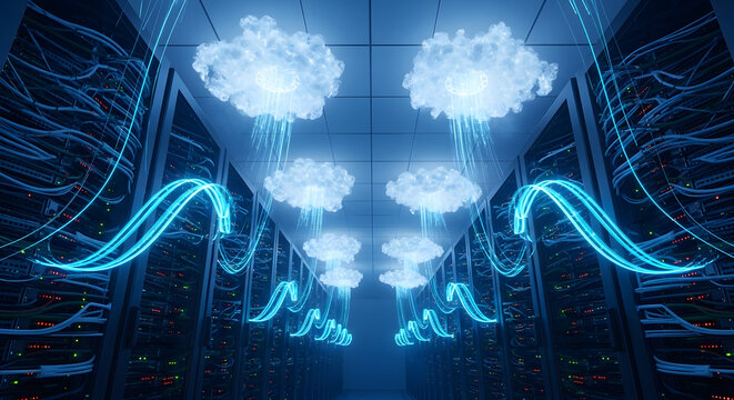 Conceptual visualization of cloud computing network architecture with data streams flowing into data center servers