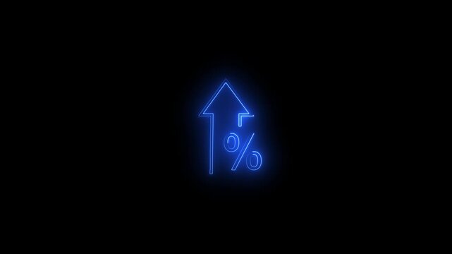 Blue neon glowing arrow with 1% symbol on black background increase growth