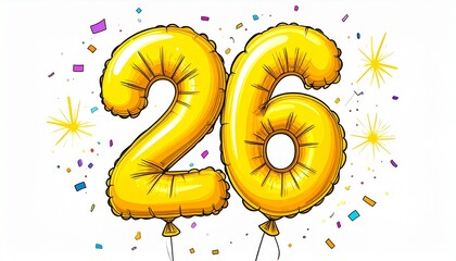 Yellow cartoon style balloon shaped as number 26 with confetti on white background. Illustration for birthday or anniversary party