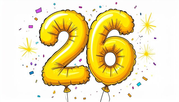 Yellow cartoon style balloon shaped as number 26 with confetti on white background. Illustration for birthday or anniversary party