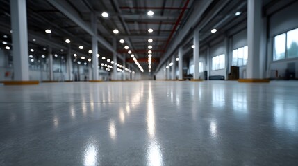Naklejka premium A low angle view of a vast empty modern industrial warehouse interior with a polished concrete floor reflecting bright overhead lights