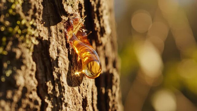 Macro view of golden tree resin oozing from rough bark. Sticky amber sap secretion healing a wound on a pine trunk. Botanical nature detail