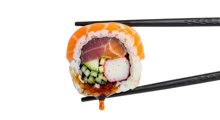 Delicious sushi roll with salmon and tuna isolated PNG, traditional Japanese cuisine held by chopsticks on transparent background © Maria