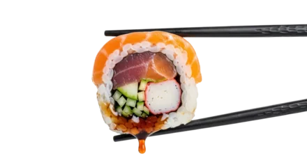 Fototapeten Sushi Delicious sushi roll with salmon and tuna isolated PNG, traditional Japanese cuisine held by chopsticks on transparent background  © Maria