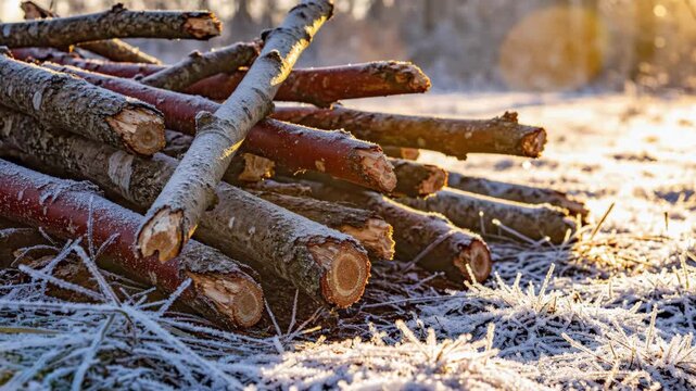 Pile of cut wooden branches stacked on frost-covered grass in winter. Close-up of pruned timber logs with textured bark during golden hour. Gardening and forestry concept