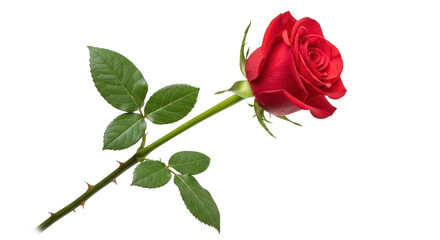 Fototapeta premium Beautiful red rose isolated PNG, romantic flower with green leaves and stem on transparent background, symbol of love and passion
