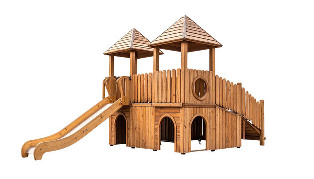 A wooden playground structure with towers, a slide, and stairs
