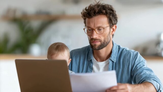 Professional father juggling parental responsibilities and work duties, balancing infant care with laptop based professional tasks while seated in home workspace
