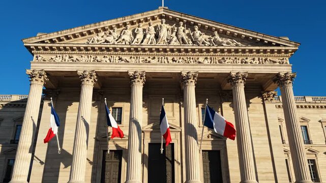 Classical building with columns and flags