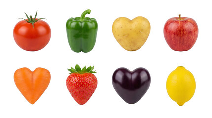 Fototapeta premium Fresh fruit and vegetable set including tomato, pepper, apple, lemon and heart shaped potato, carrot, strawberry and eggplant isolated. Healthy food collection.