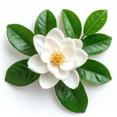 Fototapeta premium White flower with green leaves, symmetrical, on white background