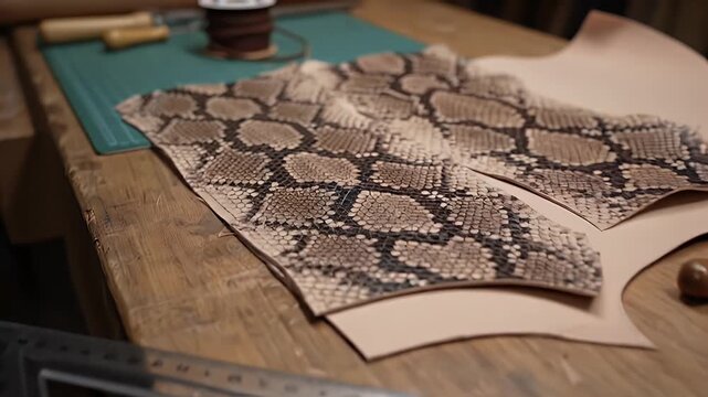 Close Up Leather Crafting on Wooden Table with Snake Skin Patterned Leather Sections Tools and Measuring Instruments