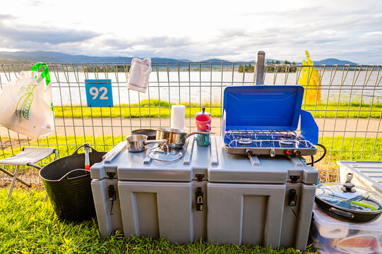 a small kitchen set up on a camping trip