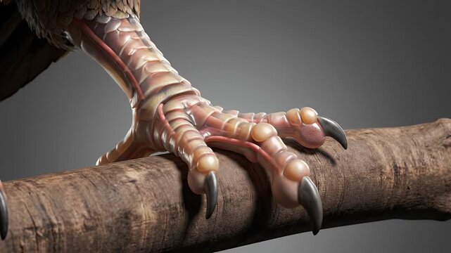 Close-up of a bird's foot perched on a branch showcasing textured scales and talons against a neutral background