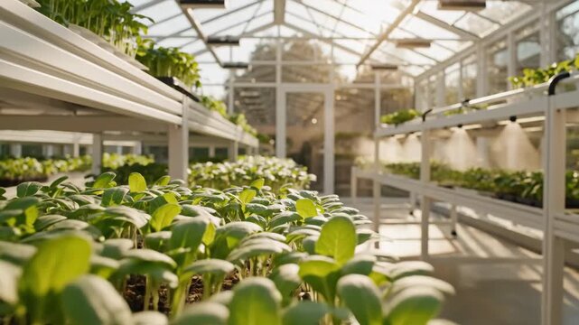 Young green seedlings growing in a modern greenhouse. Automated irrigation system watering plants in a commercial nursery. Sustainable agriculture and agritech concept