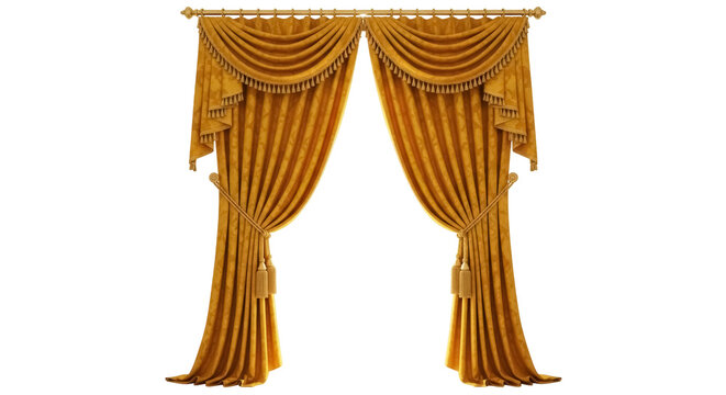 Elegant golden curtains isolated PNG on transparent background, luxurious window treatment for interior design and home decor projects