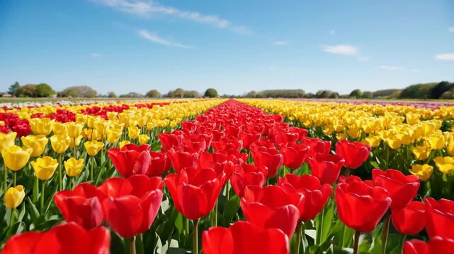 A forward tracking shot through a vibrant field of red and yellow tulips. Rows of blooming flowers under a blue sky on a sunny spring day. Horticulture and agriculture concept