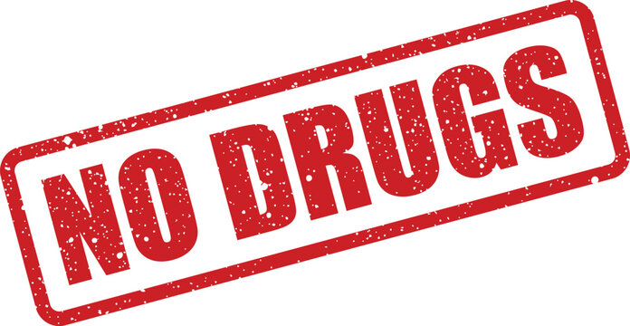 Vibrant red rubber stamp with a grunge effect clearly stating the prohibition of drugs