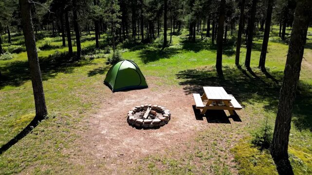 A serene forest campsite features a green tent and picnic table. A stone fire pit awaits a cozy evening under the trees.