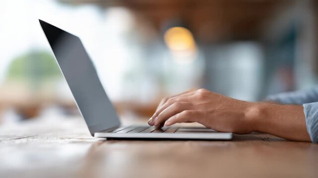 Close up of male hands typing on laptop keyboard on wooden table in blurred coworking space, embodying the concept of digital nomad lifestyle, remote work, and work life balance