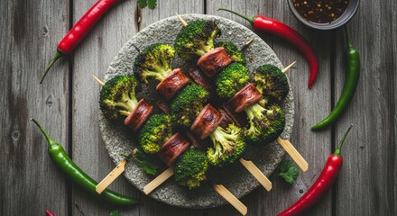 Obraz premium Grilled broccoli skewers with sausage served on stone plate atop rustic wood