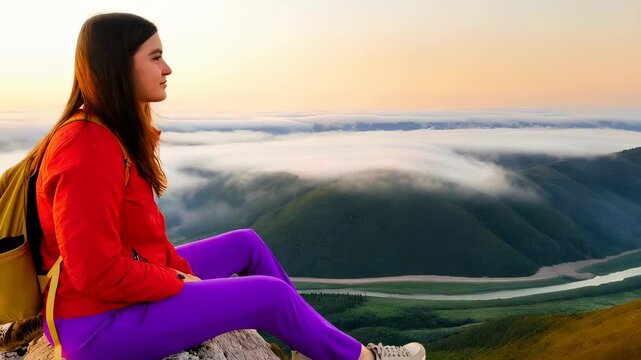 Woman Sitting on Mountain Ridge at Sunset Over Clouds and Valley