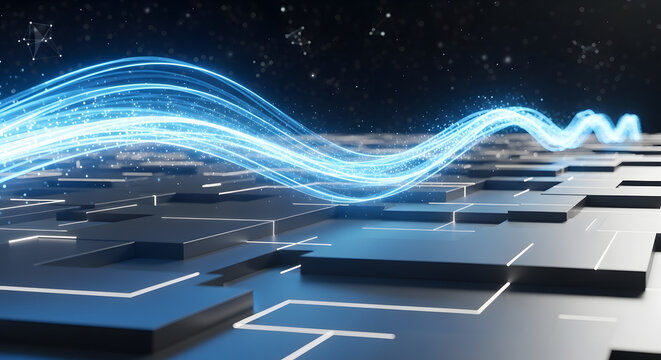 Abstract digital wave of bright blue light energy flowing over a dark, textured surface against a starry background, symbolizing data transfer or connectivity