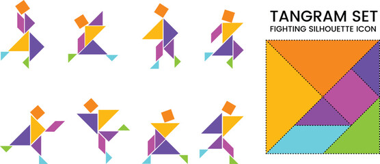Tangram Puzzle Set with 10 Color Shapes &ndash; Creative Fighting People Figures Vector Illustration