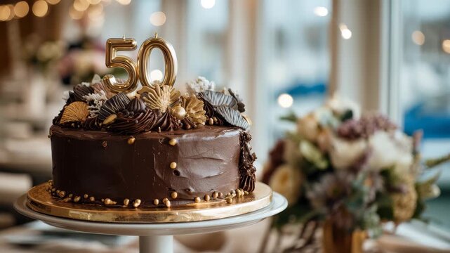 Celebration cake for 50th birthday with chocolate frosting and elegant decorations by a waterfront venue