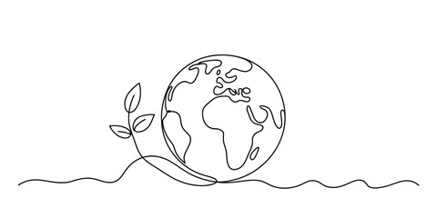 Continuous line drawing of a small plant growing next to the earth globe, symbolizing ecology and sustainability Vector, illustration © Nippon_Art Gallery