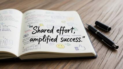 Open notebook with success quote and teamwork illustrations