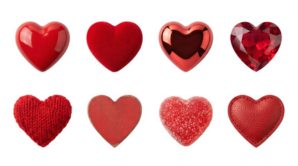 Obraz premium Red heart set including glossy plastic, velvet, metallic, gemstone, knitted, wooden, candy, and leather variants isolated. Valentine's Day symbol collection.