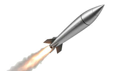 Silver rocket launching with flames and smoke isolated on a transparent background