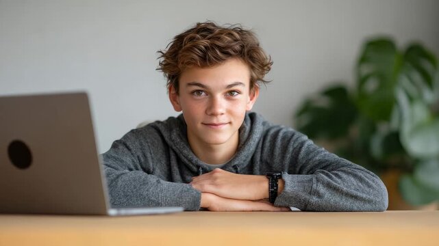 Student participating in online class using laptop, displaying cheerful demeanor and varying facial expressions while seated at desk, engaging with digital learning environment