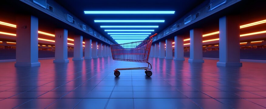The shopping cart glows with vibrant neon light in a sleek empty modern aisle