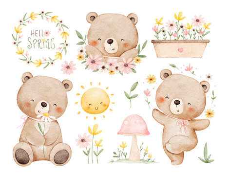 Watercolor Illustration Set of Bear and Flowers in Spring Season