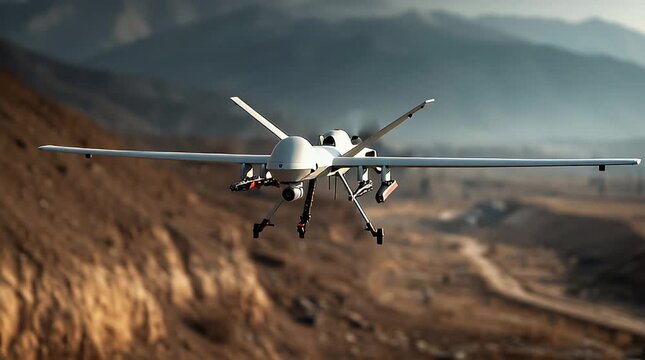 Military Surveillance Drone Flying Over Mountainous Desert Terrain