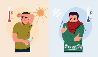 Hot and Cold Weather Contrast, Man Feeling Heat and Freezing Temperature, Climate and Temperature Difference Concept. Vector cartoon flat style illustration © lyudinka
