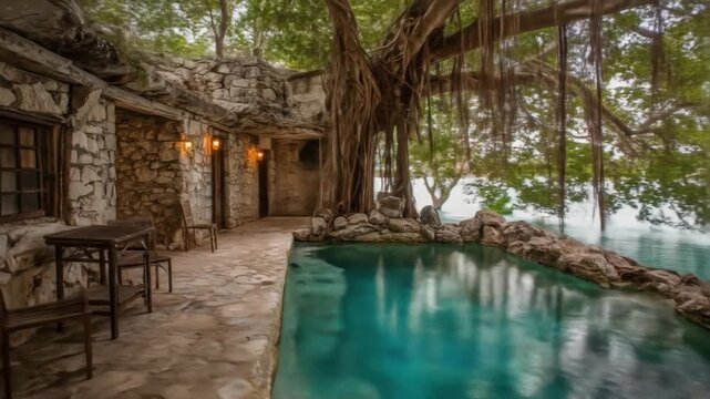 Stone structure with pool and large tree, bathed in soft light, creating a serene, natural scene