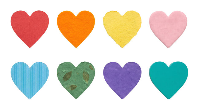 Heart shape set including red orange yellow pink blue green purple and teal textured paper crafts isolated. Valentines day and love symbol collection.