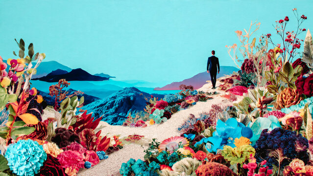 Silhouette se promenant sur un chemin dans un paysage imaginaire
