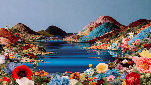 Lac de montagne, paysage abstrait avec collage